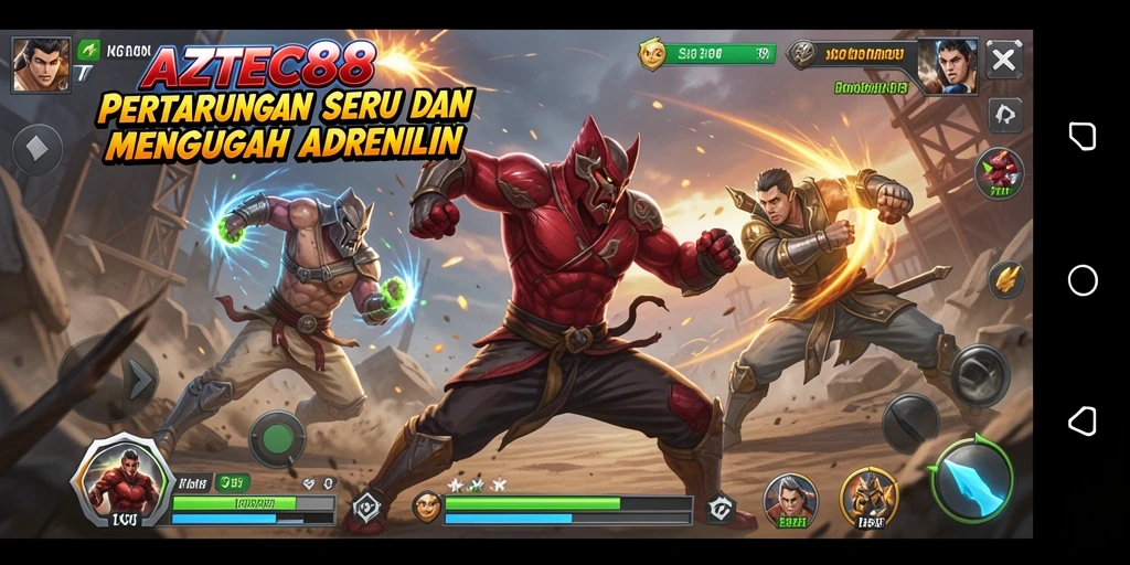 Screenshot gameplay AZTEC88 menampilkan pertarungan seru dan karakter yang bervariasi.