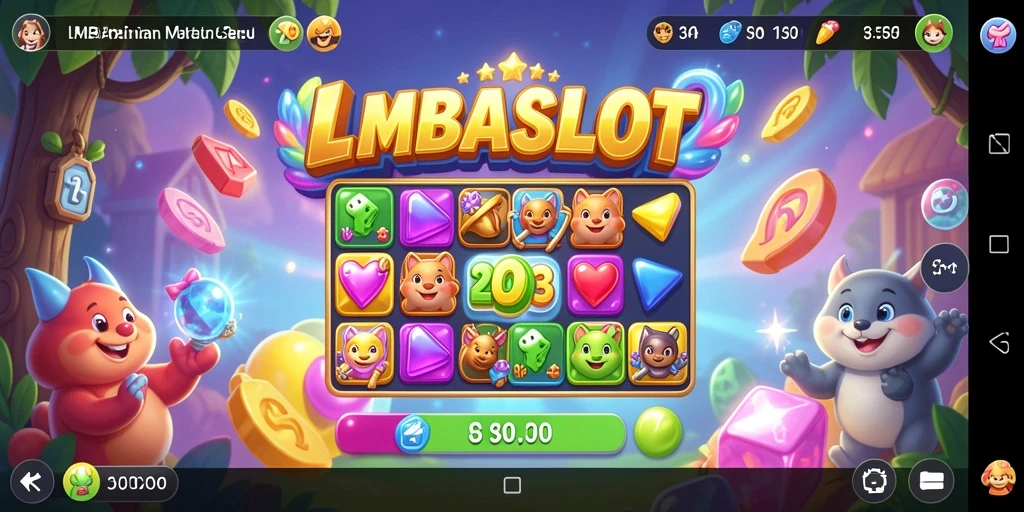Screenshot gameplay LMBASLOT menampilkan keseruan mencocokkan simbol.
