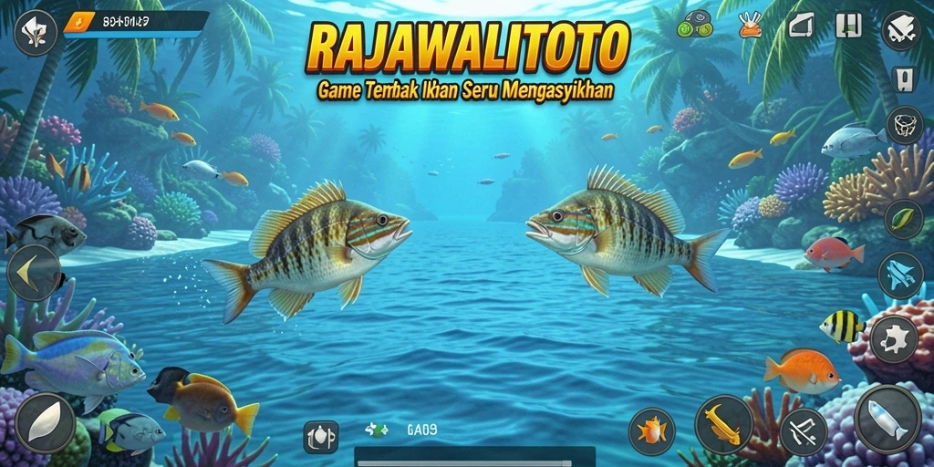 Screenshot dari gameplay RAJAWALITOTO menunjukkan aksi menembak ikan yang seru.